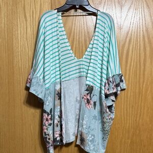 Lovely Melody Mint Green Striped & Floral BlueV-Neck Women’s Top
